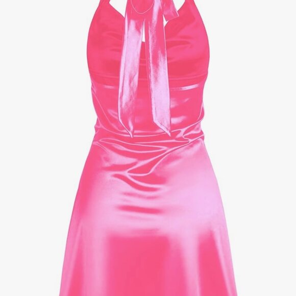Women Halterneck Satin Mini Dress Sexy Cowl Neck Silky Party Cocktail Club Dress - Picture 2 of 3